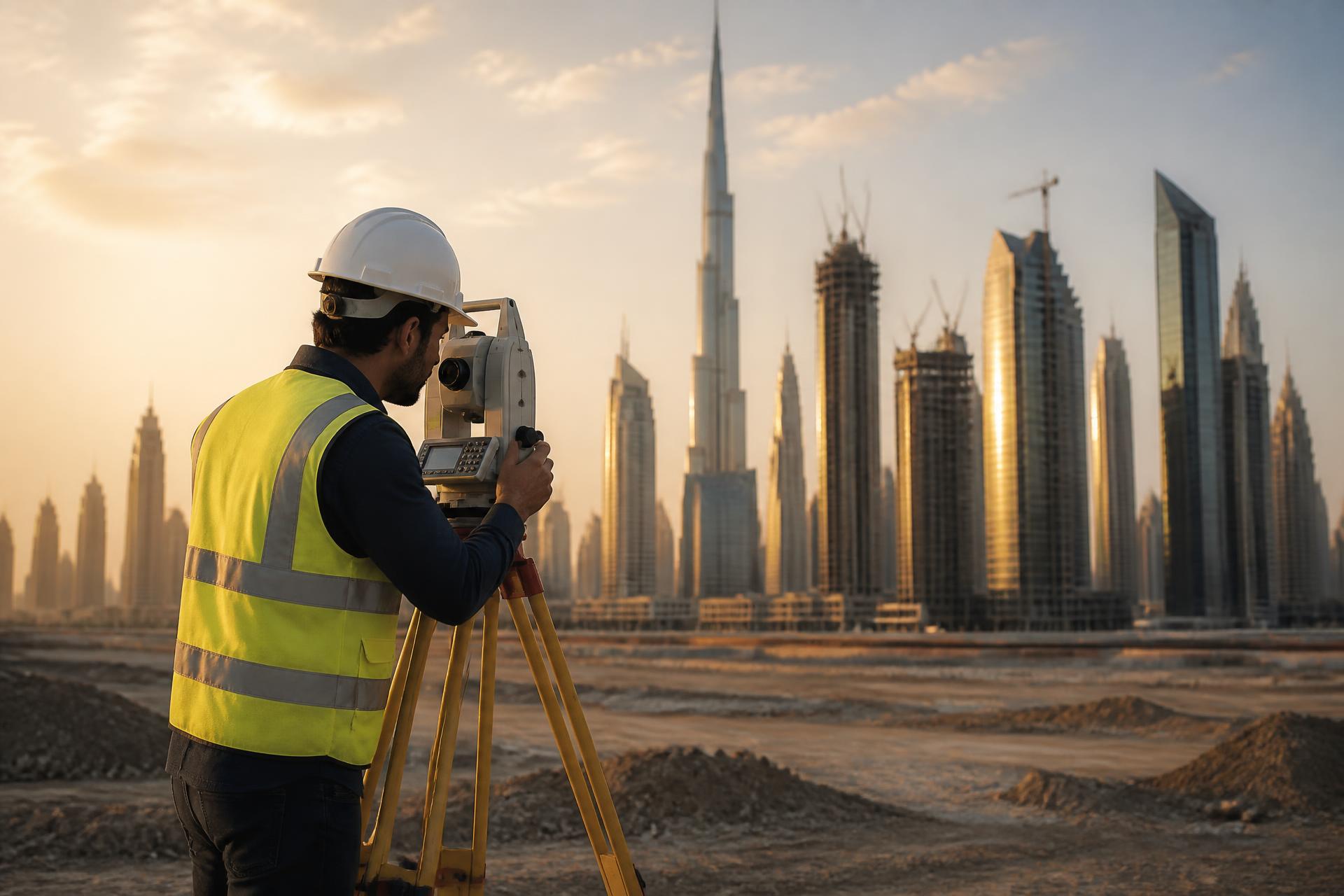 Surveyor operating a total station on a Dubai development site